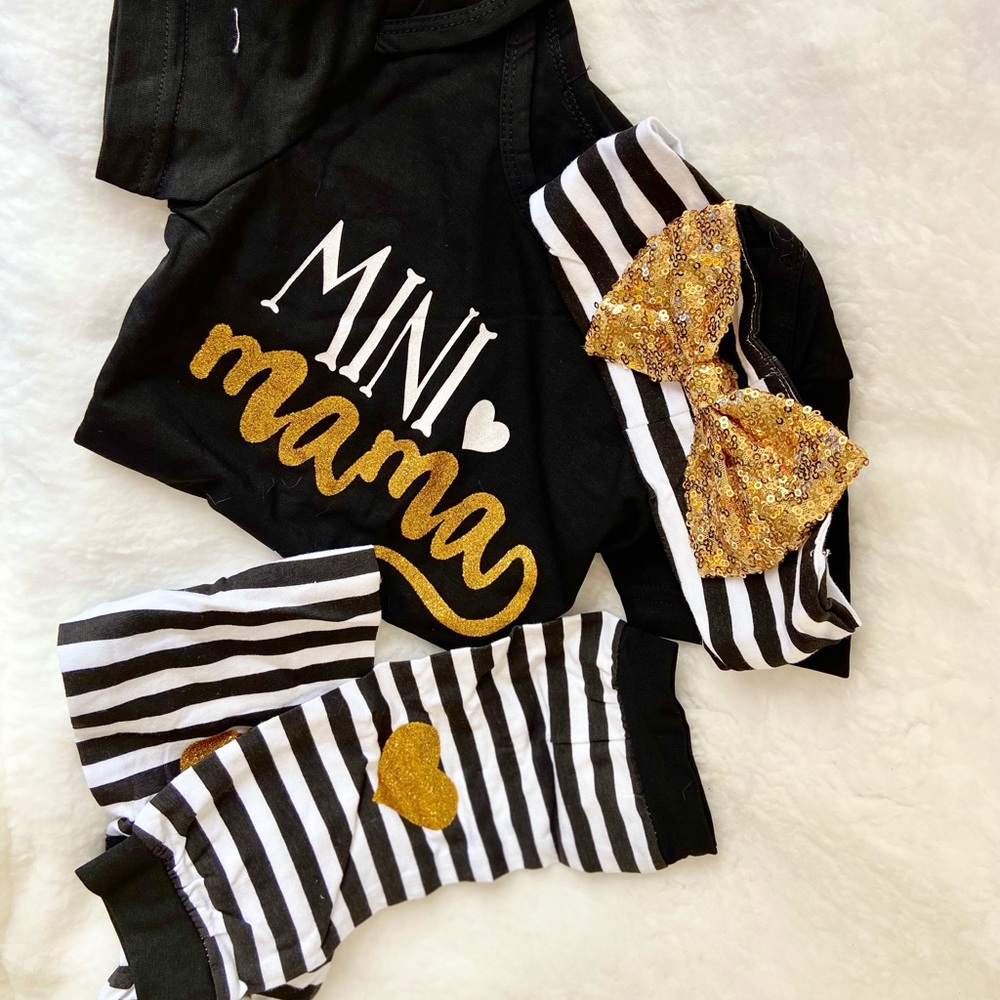 “Mini Mama” 3pcs Black and Gold Bodysuit 18-24M